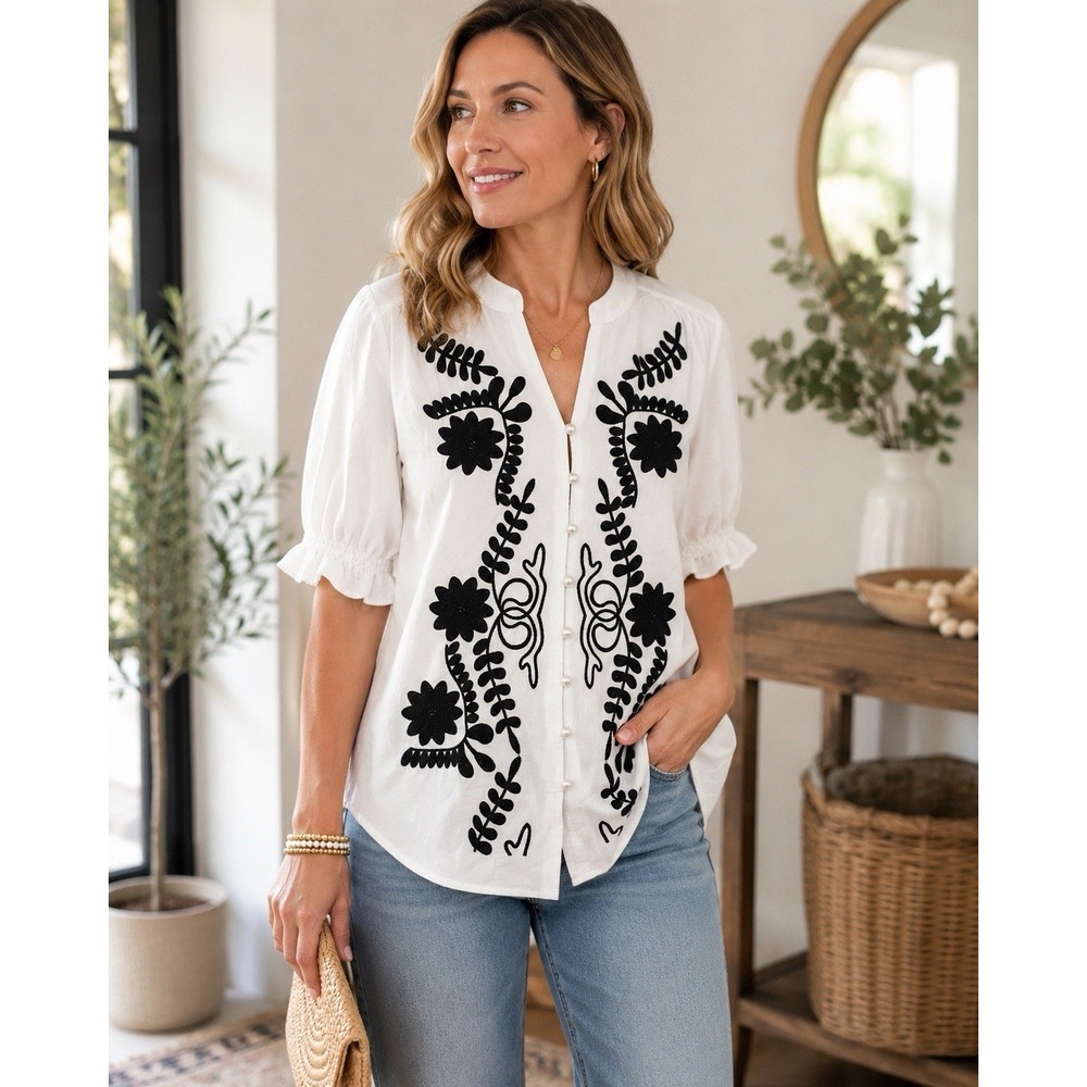 BTFBM White Cotton Embroidered Boho Black Floral Medium